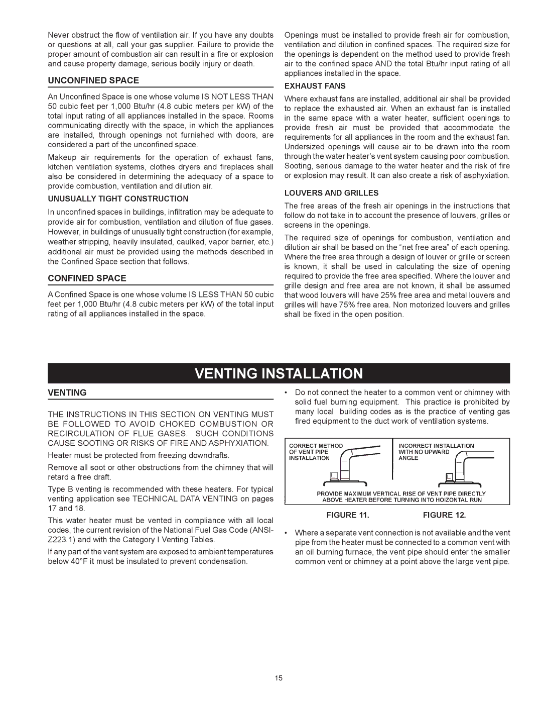 Reliance Water Heaters N71120NE, N85390NE instruction manual Unconfined Space, Confined Space, Venting 