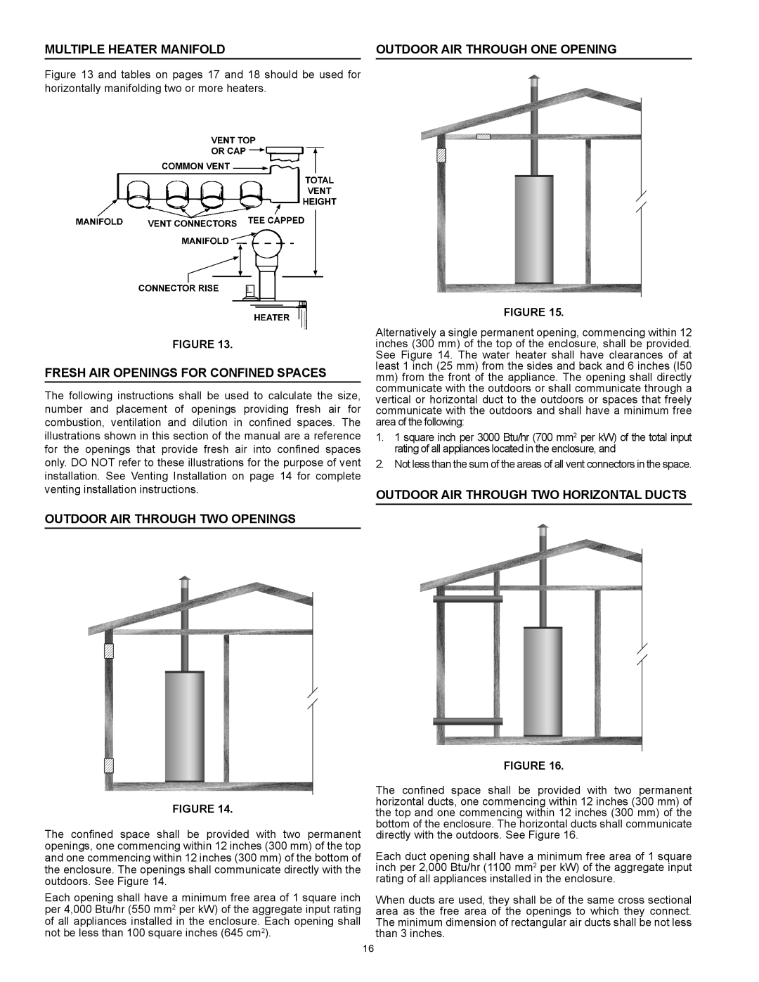 Reliance Water Heaters N85390NE, N71120NE Multiple heater manifold, Fresh Air Openings For Confined Spaces 