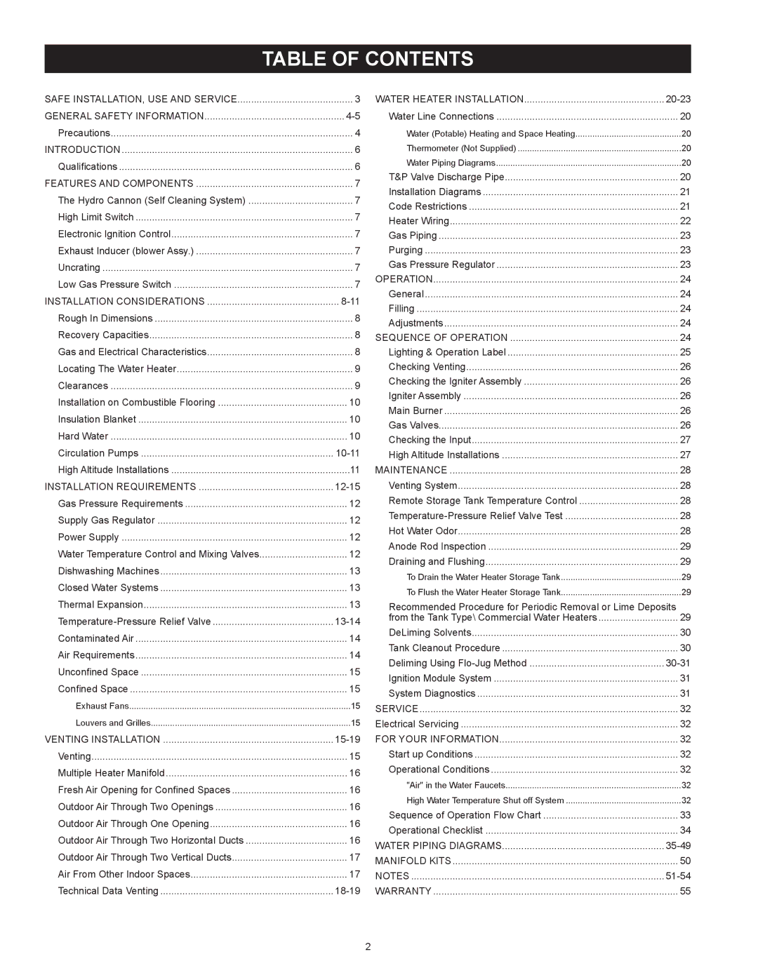 Reliance Water Heaters N85390NE, N71120NE instruction manual Table Of Contents 