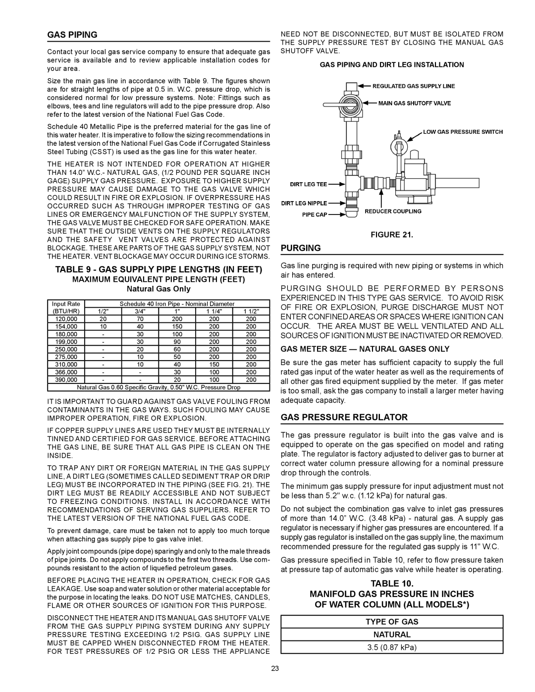 Reliance Water Heaters N71120NE, N85390NE GAS Piping, GAS Supply Pipe Lengths in Feet, Purging, GAS Pressure Regulator 