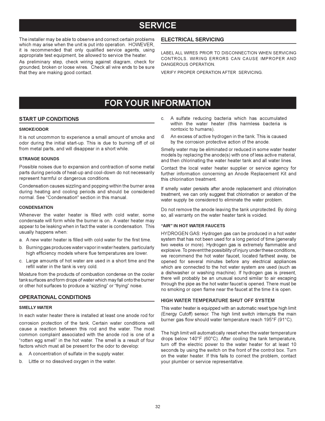 Reliance Water Heaters N85390NE For Your Information, Electrical Servicing, Start up conditions, Operational conditions 