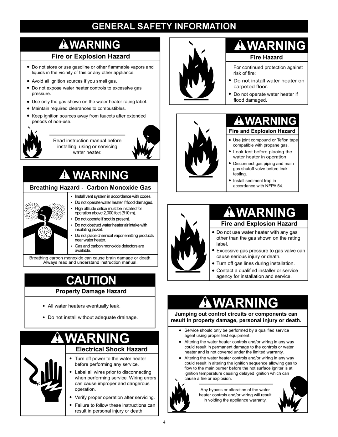 Reliance Water Heaters N85390NE, N71120NE instruction manual General Safety Information, Fire and Explosion Hazard 