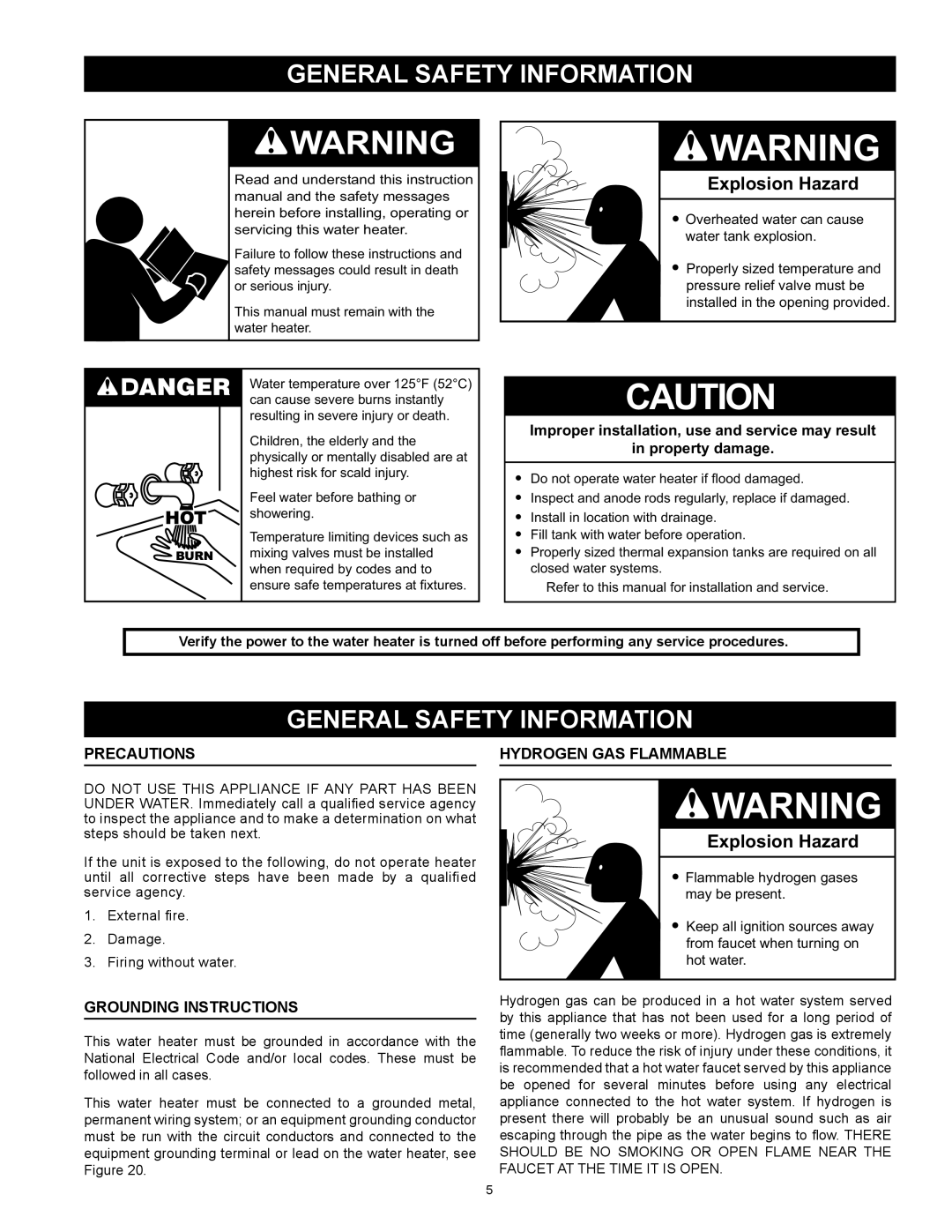 Reliance Water Heaters N71120NE, N85390NE instruction manual Precautions, Grounding Instructions, Hydrogen Gas Flammable 