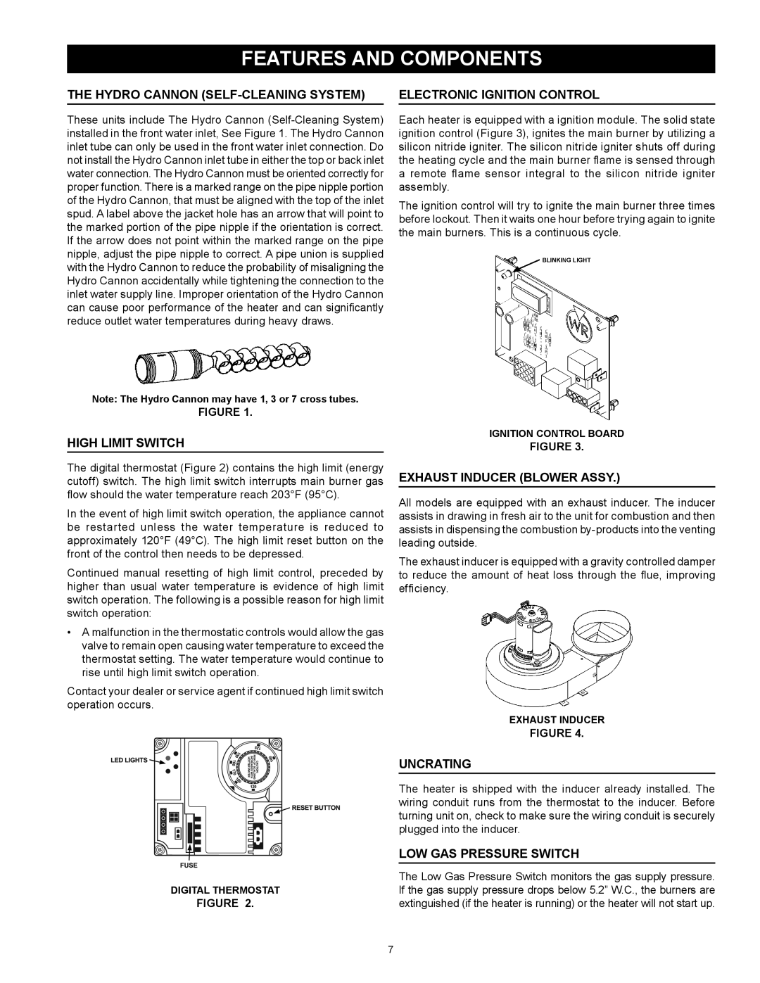 Reliance Water Heaters N71120NE Hydro Cannon self-cleaning system, High limit switch, Electronic ignition control 