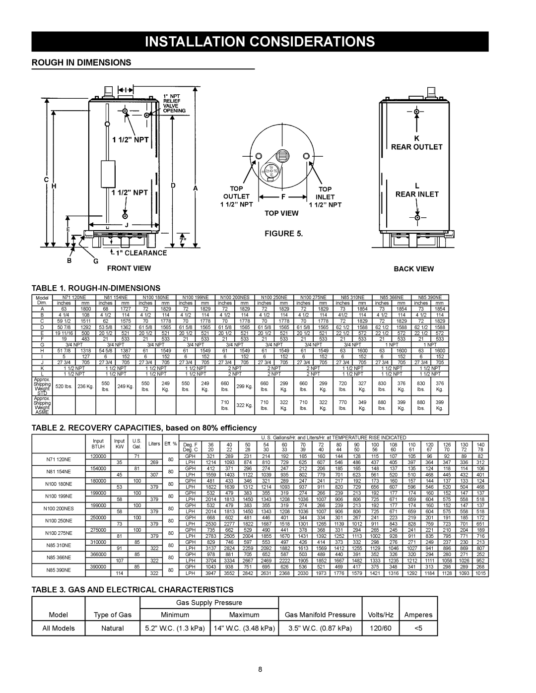 Reliance Water Heaters N85390NE, N71120NE Installation considerations, Rough In Dimensions, Rough-In-Dimensions 