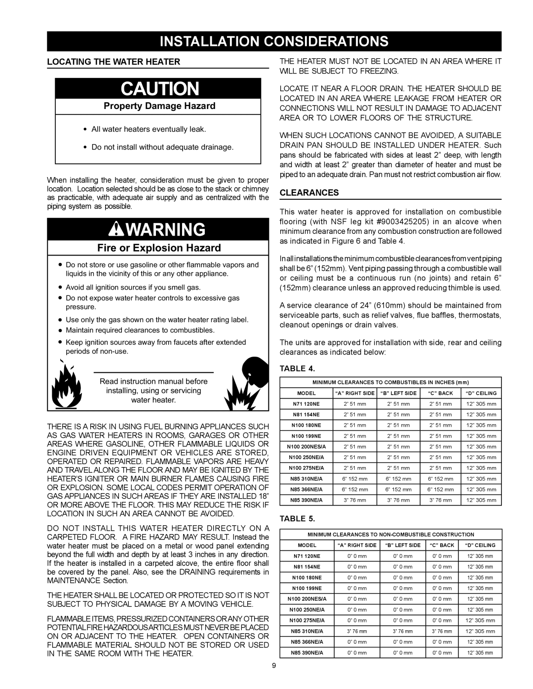 Reliance Water Heaters N71120NE, N85390NE instruction manual Locating the water heater, Clearances 