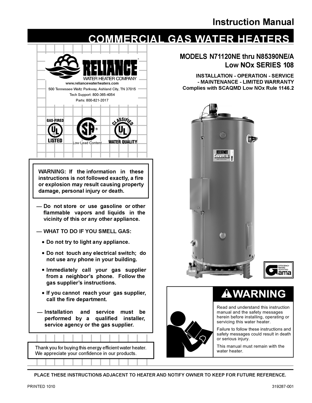 Reliance Water Heaters N71120NE, N85390NE instruction manual Instruction Manual, commercial gas water heaters 