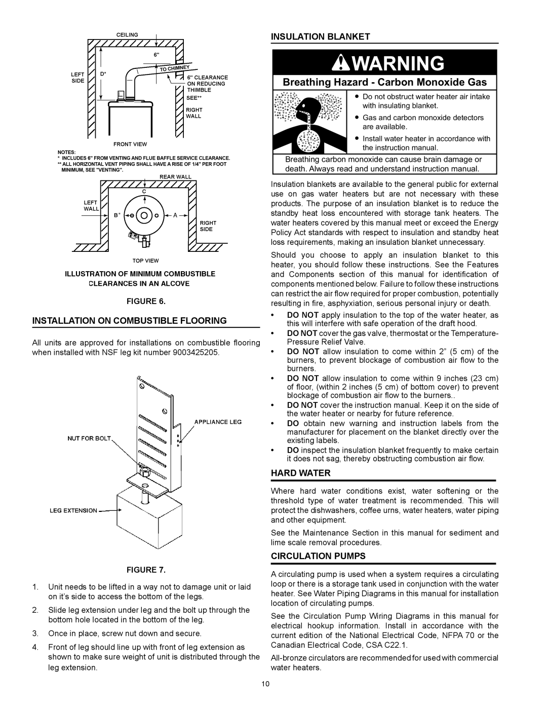 Reliance Water Heaters N85390NE Breathing Hazard - Carbon Monoxide Gas, installation on combustible flooring, Hard Water 