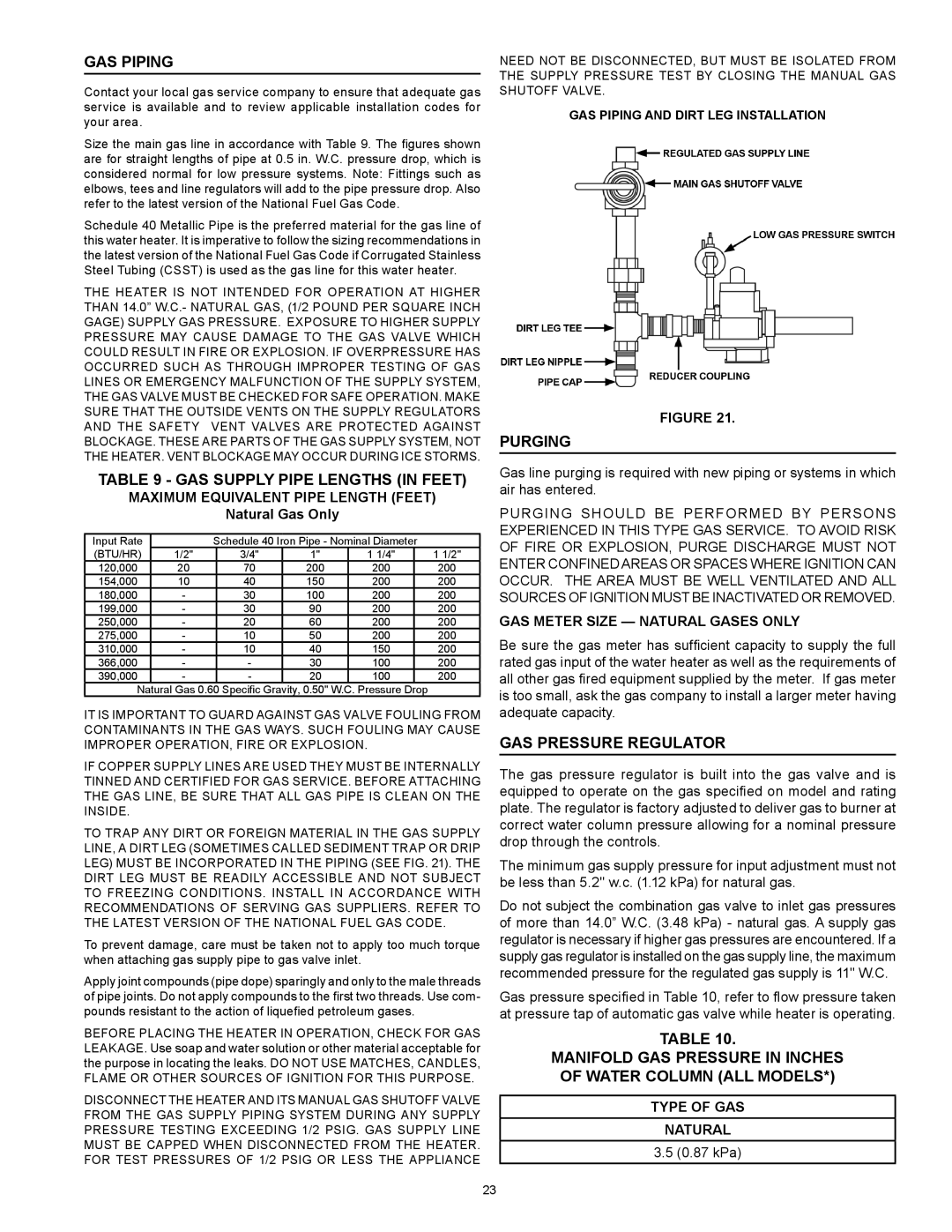Reliance Water Heaters N71120NE Gas Piping, Gas Supply Pipe Lengths In Feet, Purging, Gas Pressure Regulator, Figure 