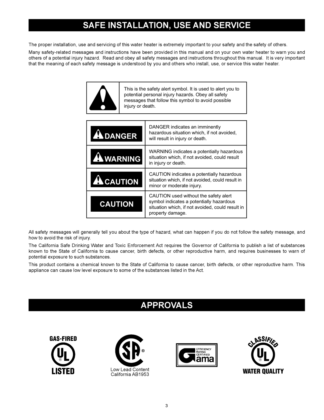 Reliance Water Heaters N71120NE, N85390NE instruction manual Safe Installation, Use and Service, Approvals, Danger 