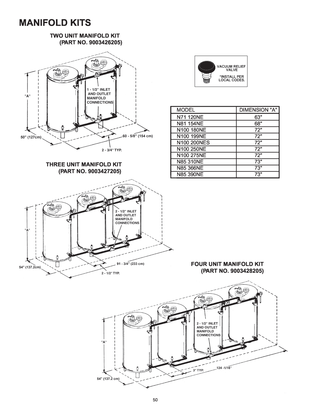 Reliance Water Heaters N85390NE, N71120NE Manifold Kits, Two Unit Manifold Kit Part No, Three Unit Manifold Kit Part No 