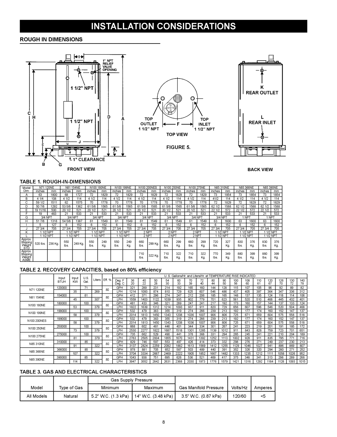 Reliance Water Heaters N85390NE, N71120NE installation considerations, Rough In Dimensions, Figure, Rough-In-Dimensions 