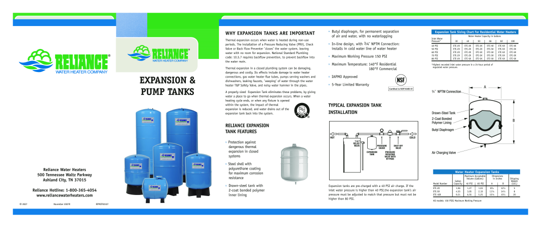 Reliance Water Heaters RPMCP00107, PMDI-2 warranty Reliance Expansion Tank Features, Typical Expansion Tank, Installation 