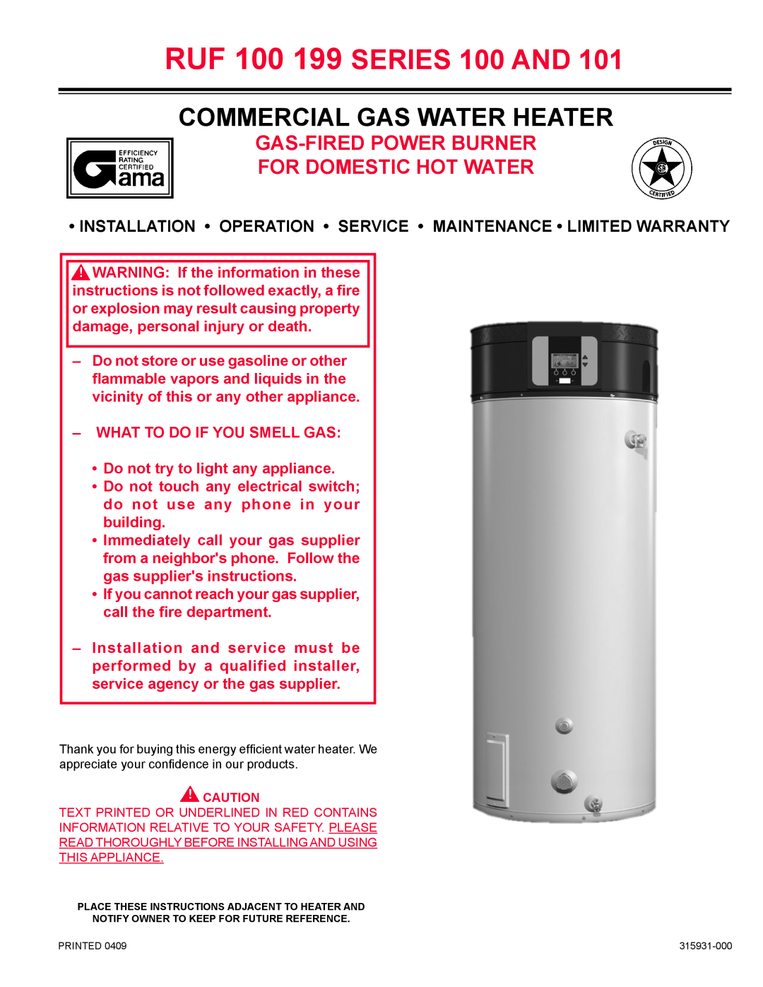 Reliance Water Heaters RUF 100 199 SERIES 100 warranty Installation Operation Service Maintenance Limited Warranty 