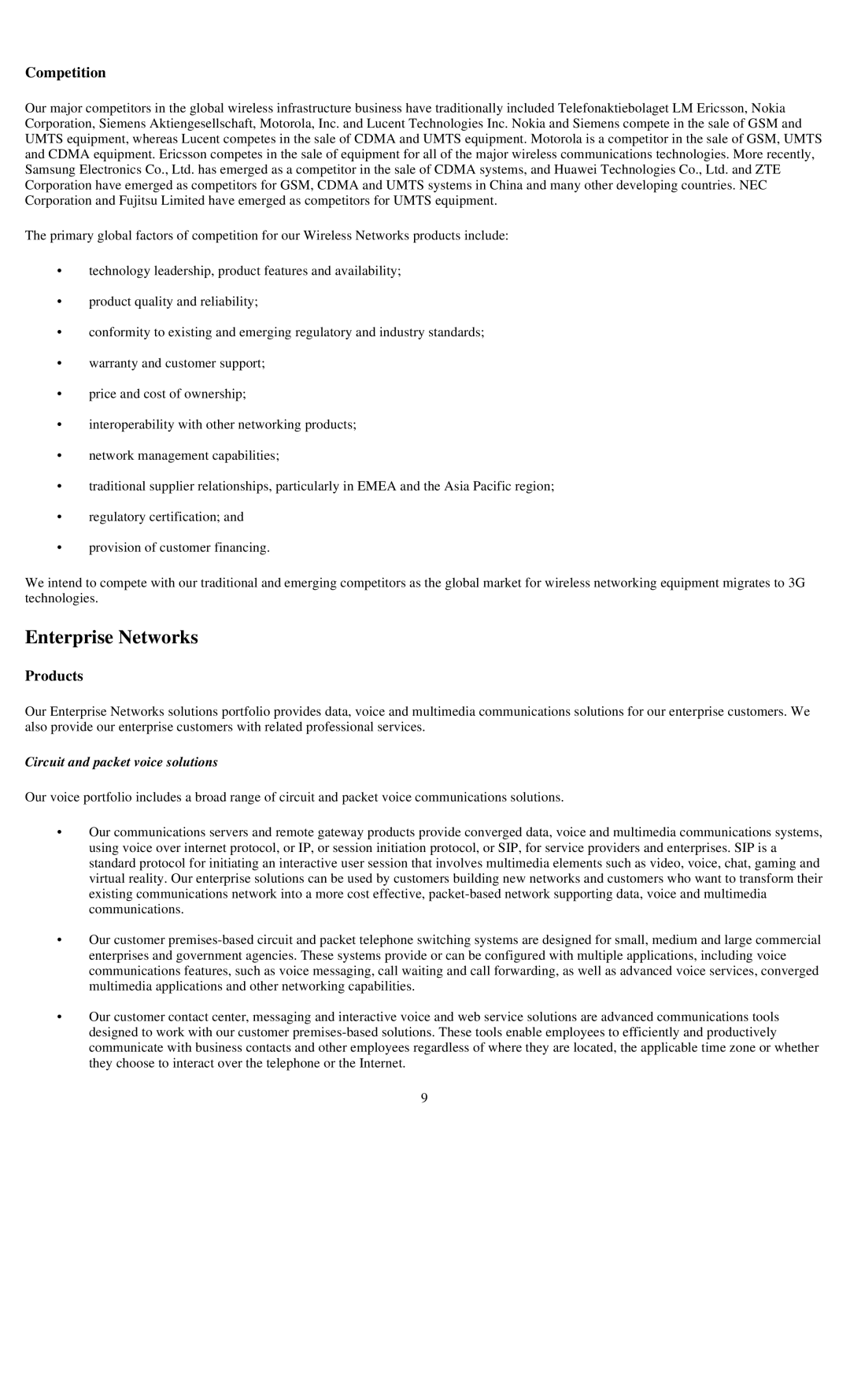 Reliant FORM 10-K manual Enterprise Networks, Competition, Circuit and packet voice solutions 