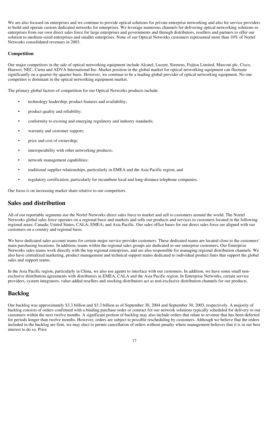 Reliant FORM 10-K manual Sales and distribution, Backlog 