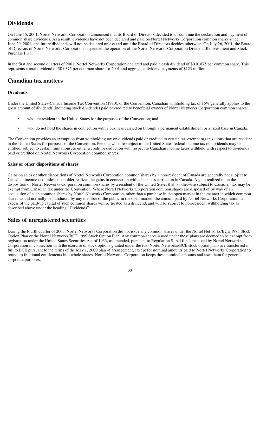 Reliant FORM 10-K Dividends, Canadian tax matters, Sales of unregistered securities, Sales or other dispositions of shares 