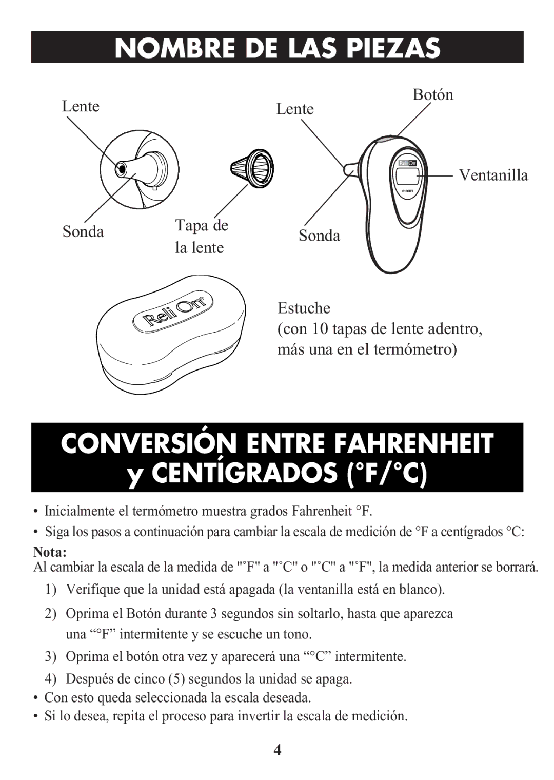 ReliOn 510REL manual Nombre Detitlelas Piezas, Conversión Entre Fahrenheit 