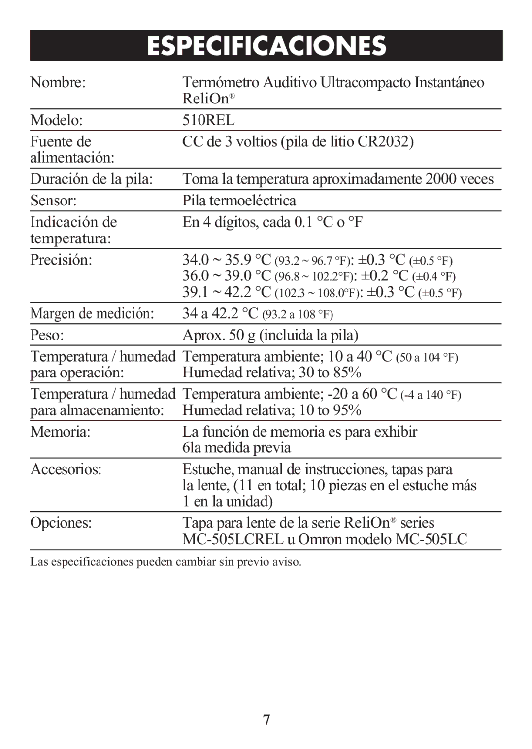 ReliOn 510REL manual Especificacionestitle 