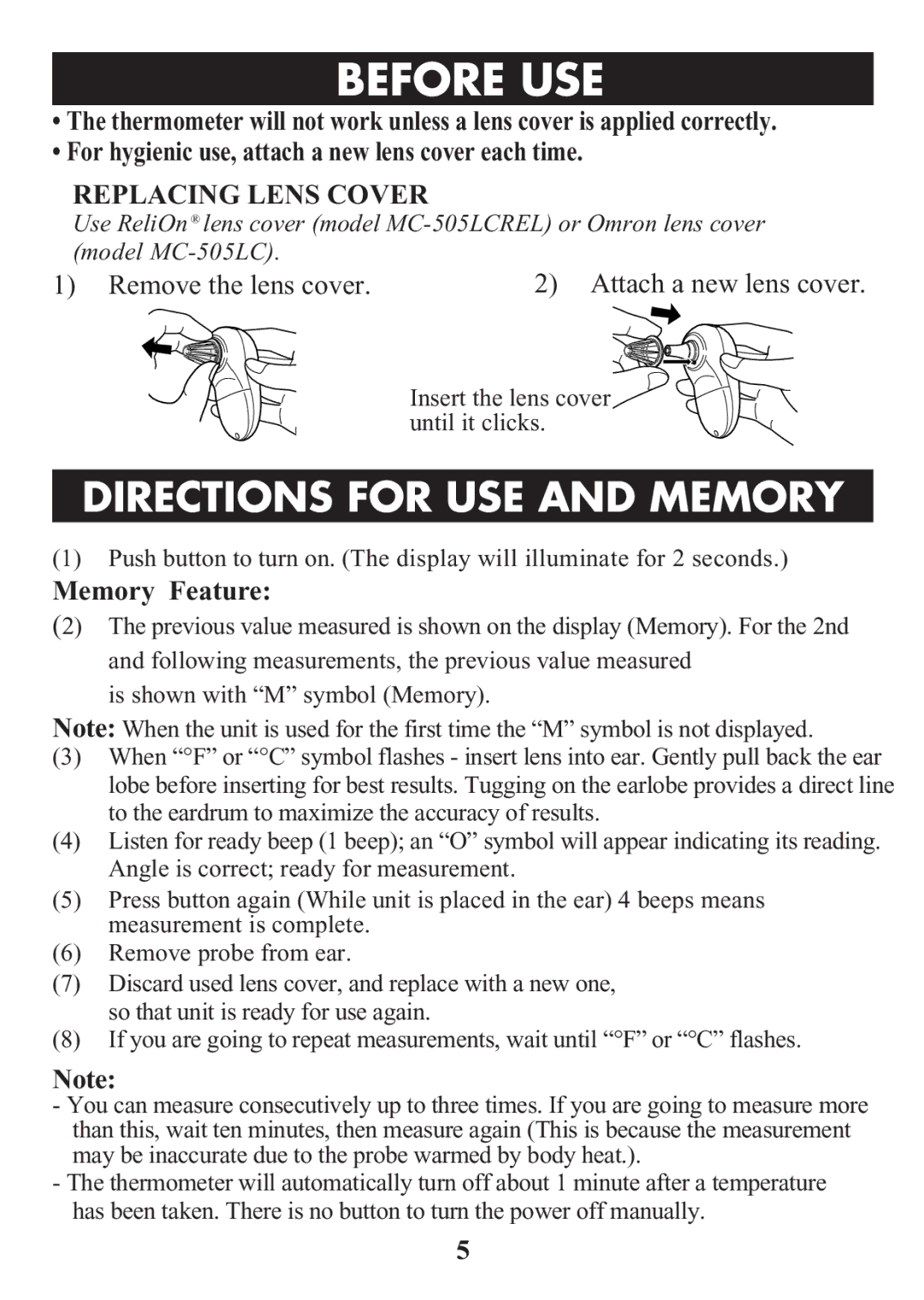 ReliOn 510REL manual Beforetitleuse, Replacing Lens Cover 