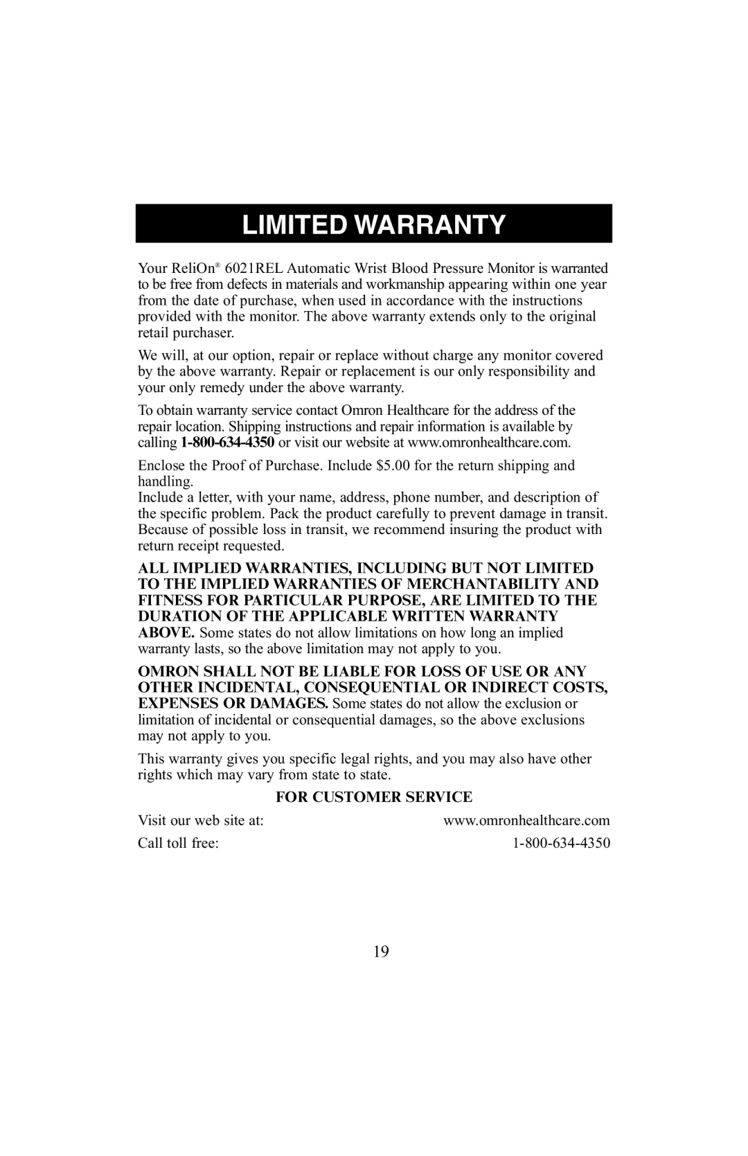 ReliOn 6021REL instruction manual Limited Warranty 