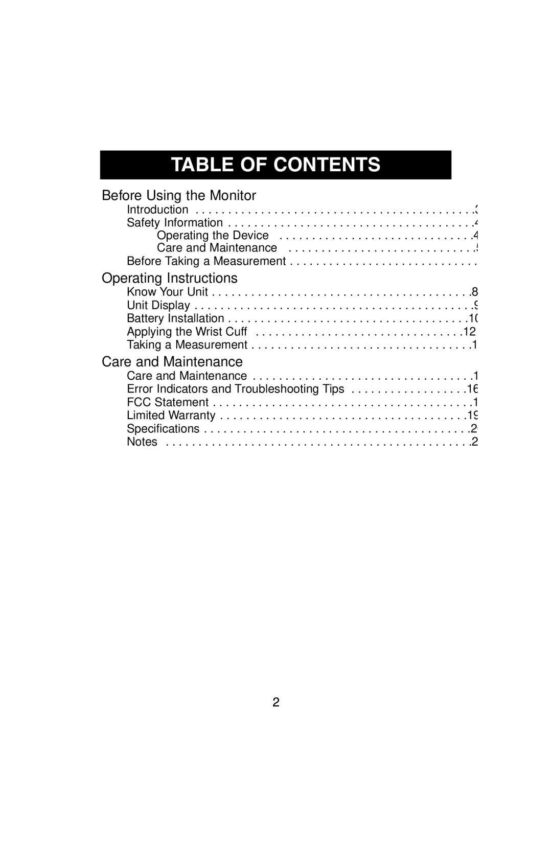 ReliOn 6021REL instruction manual Table of Contents 