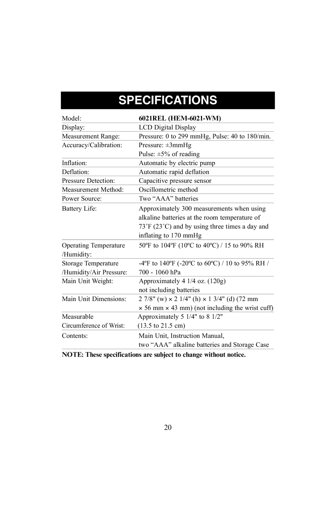 ReliOn instruction manual Specifications, 6021REL HEM-6021-WM 