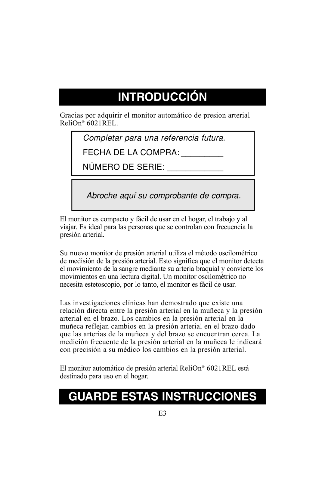 ReliOn 6021REL instruction manual Introducción, Guarde Estas Instrucciones 