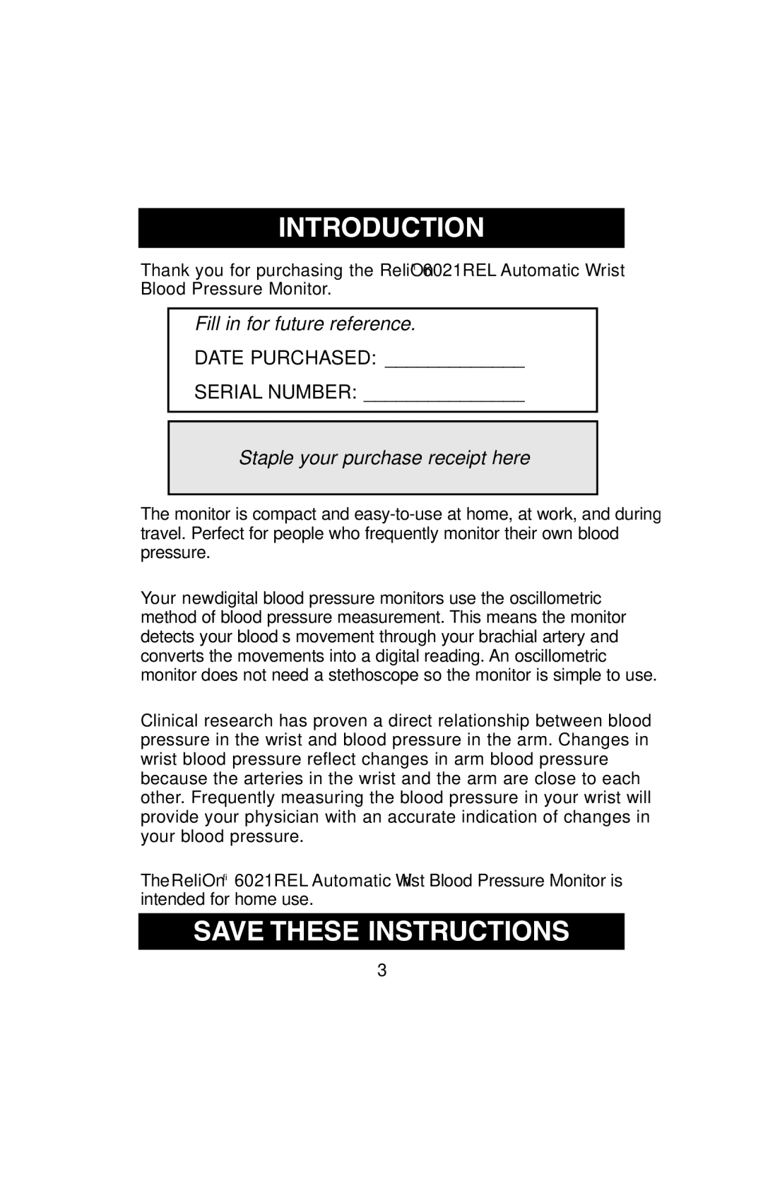 ReliOn 6021REL instruction manual Introduction, Staple your purchase receipt here 