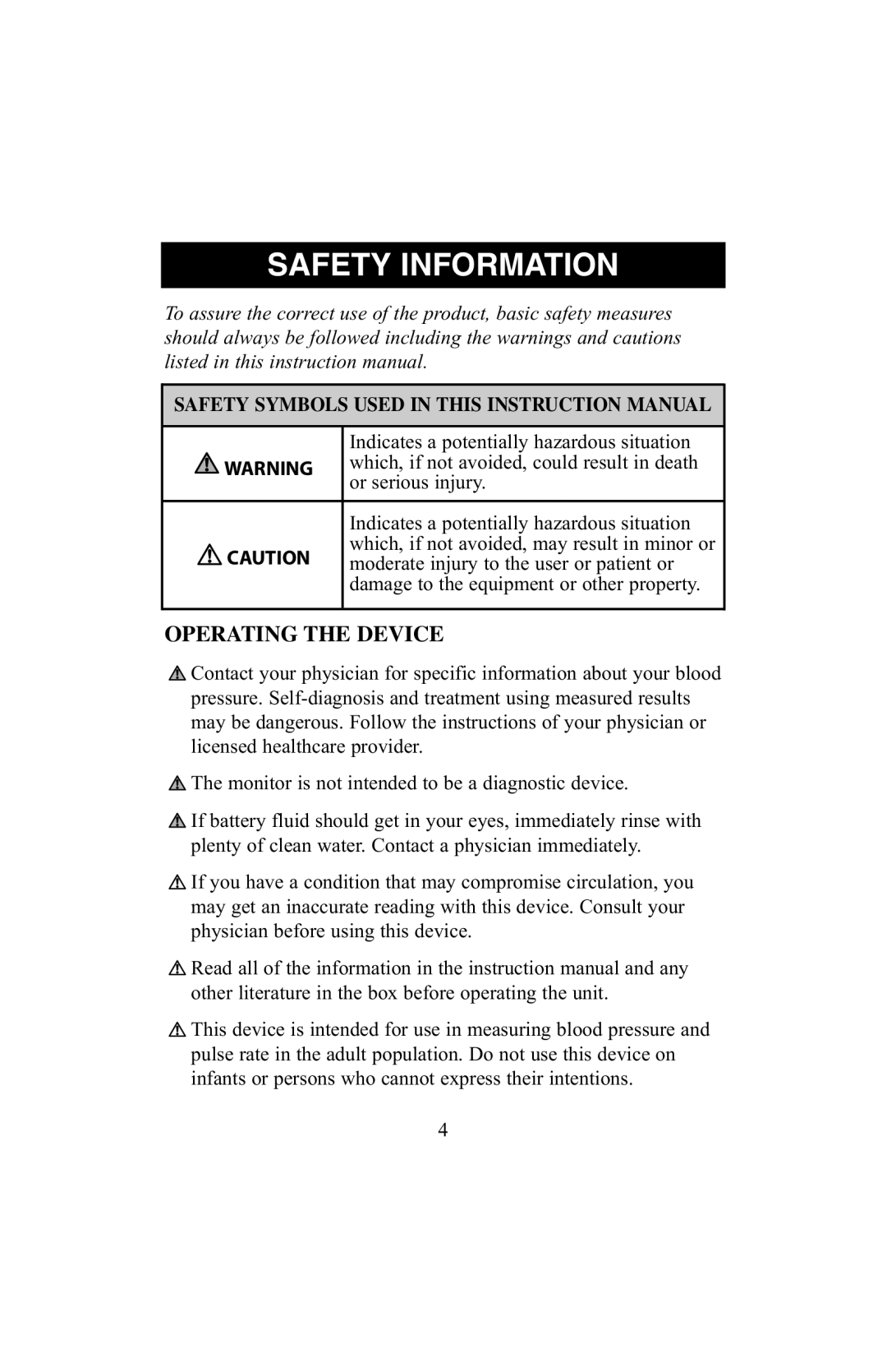 ReliOn 6021REL instruction manual Safety Information, Operating the Device 