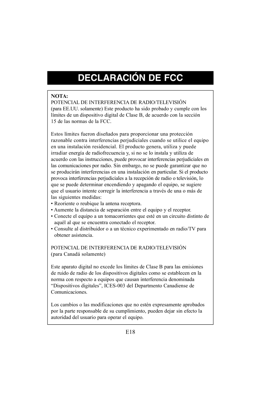 ReliOn 6021REL instruction manual Declaración DE FCC, Nota 