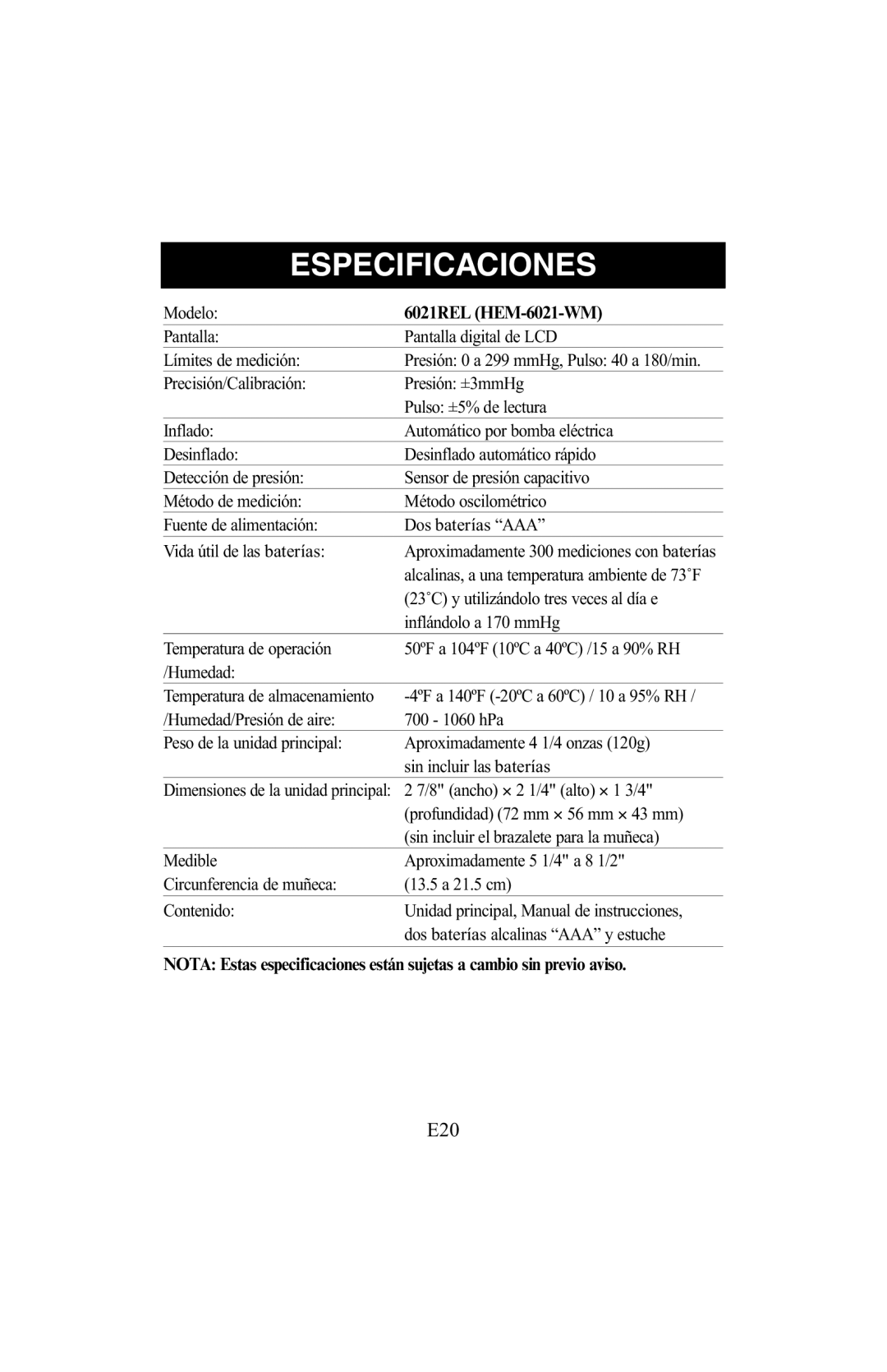 ReliOn 6021REL instruction manual Especificaciones 