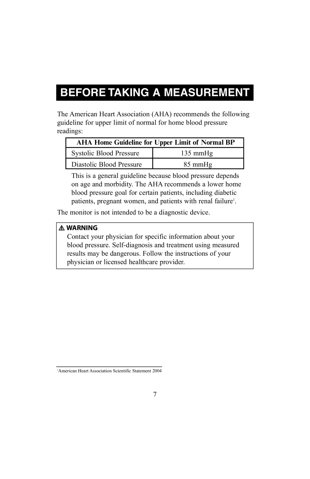 ReliOn 6021REL instruction manual AHA Home Guideline for Upper Limit of Normal BP 