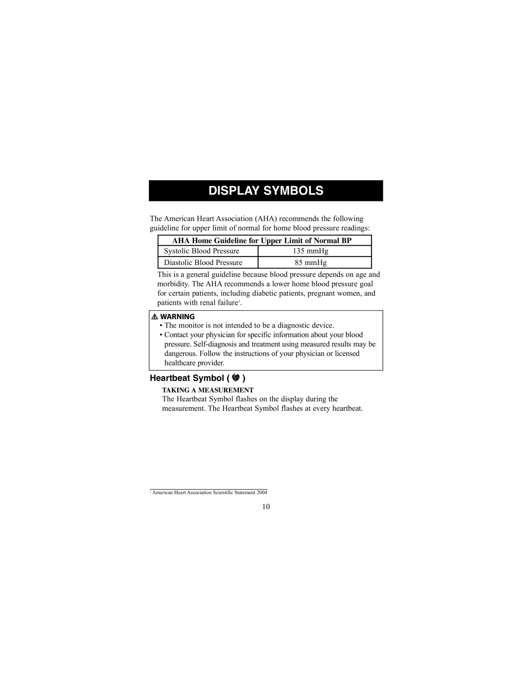 ReliOn 7100REL instruction manual Display Symbols, AHA Home Guideline for Upper Limit of Normal BP 