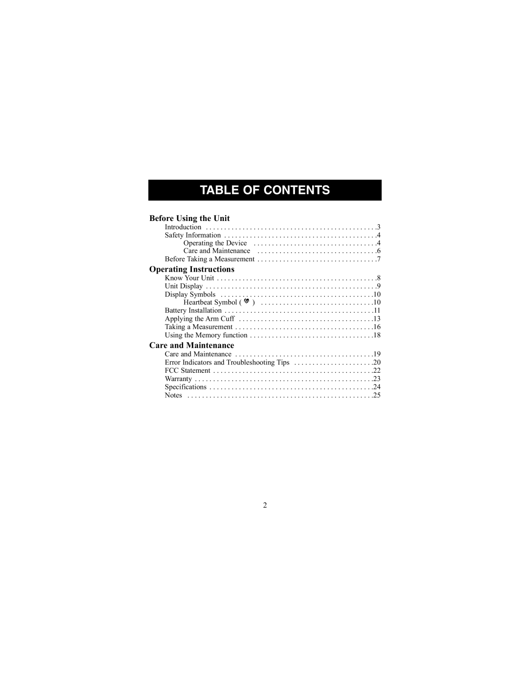 ReliOn 7100REL instruction manual Table of Contents 