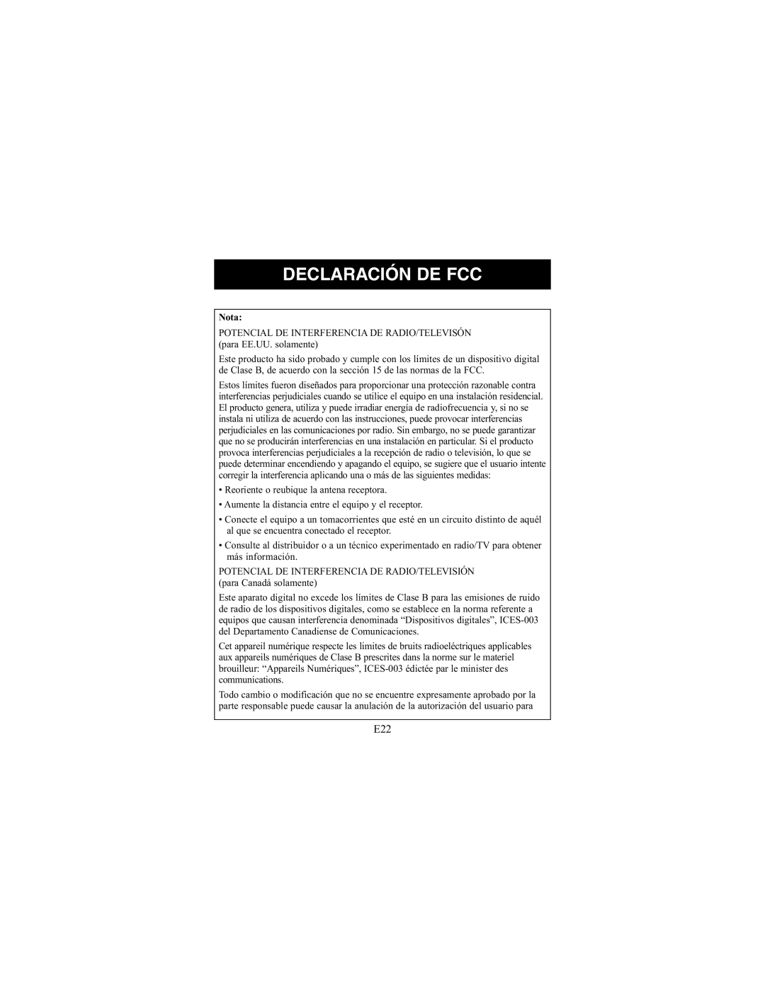 ReliOn 7100REL instruction manual Declaración DE FCC, Nota 