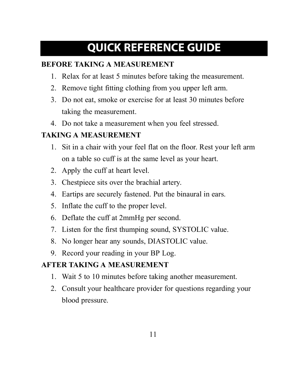 ReliOn HEM-18SREL instruction manual Quick Reference Guide, Before Taking a Measurement, After Taking a Measurement 