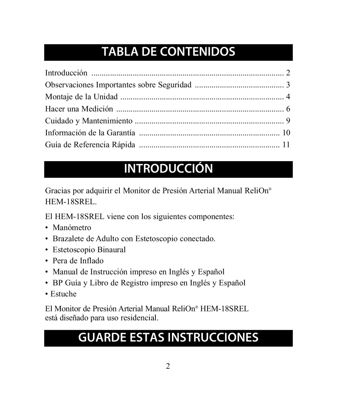 ReliOn HEM-18SREL instruction manual Tabla DE Contenidos, Introducción, Guarde Estas Instrucciones 