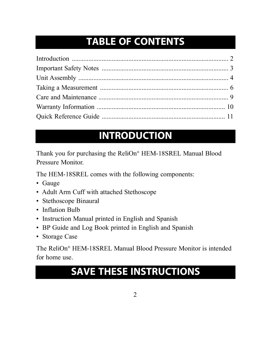 ReliOn HEM-18SREL instruction manual Table of Contents, Introduction 