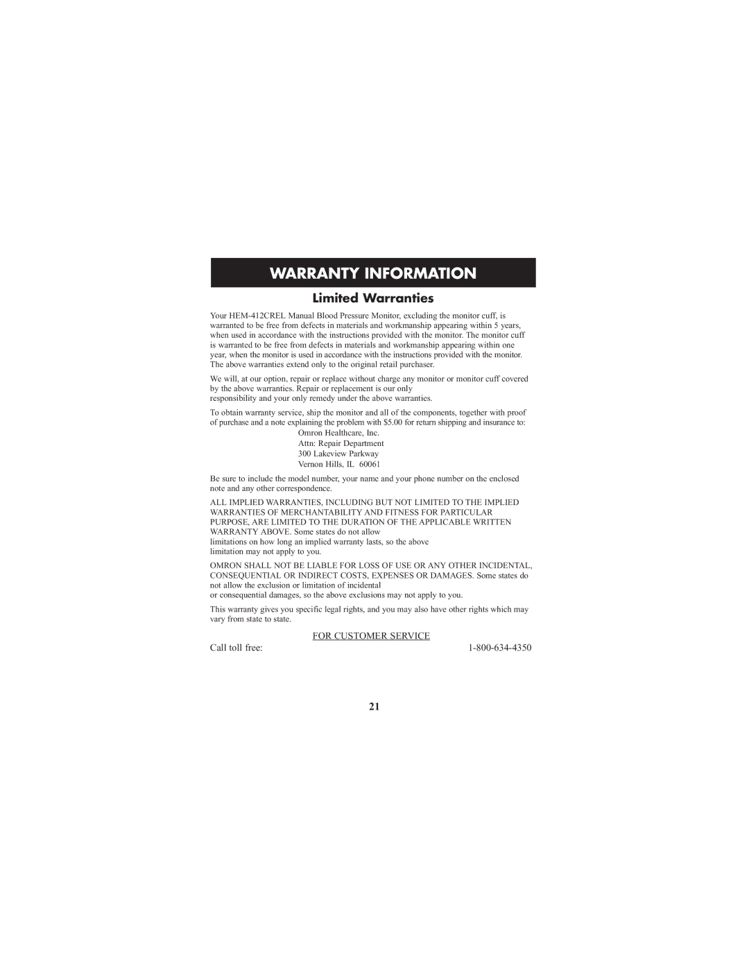 ReliOn HEM-412CREL manual Warranty Information, Limited Warranties 