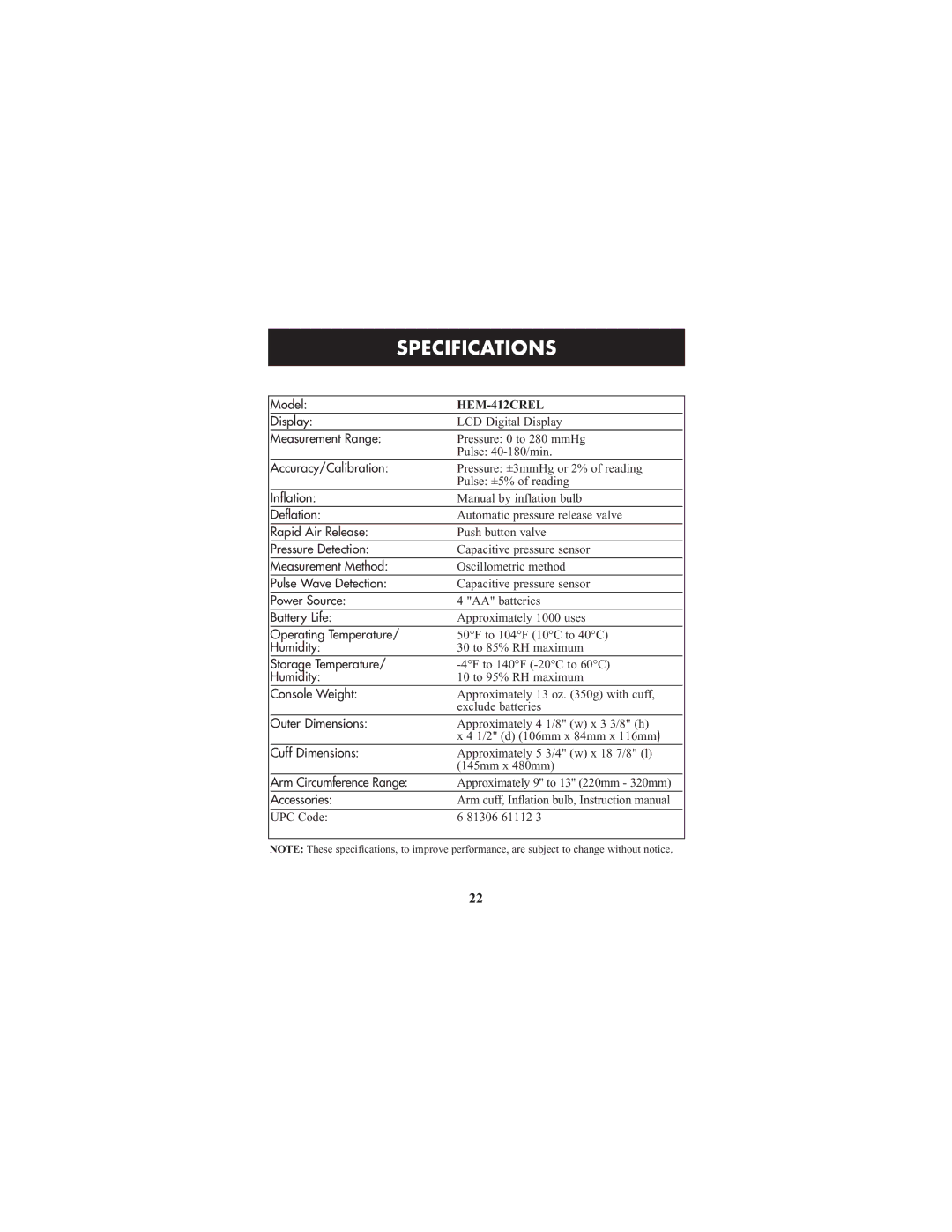 ReliOn HEM-412CREL manual Specifications 