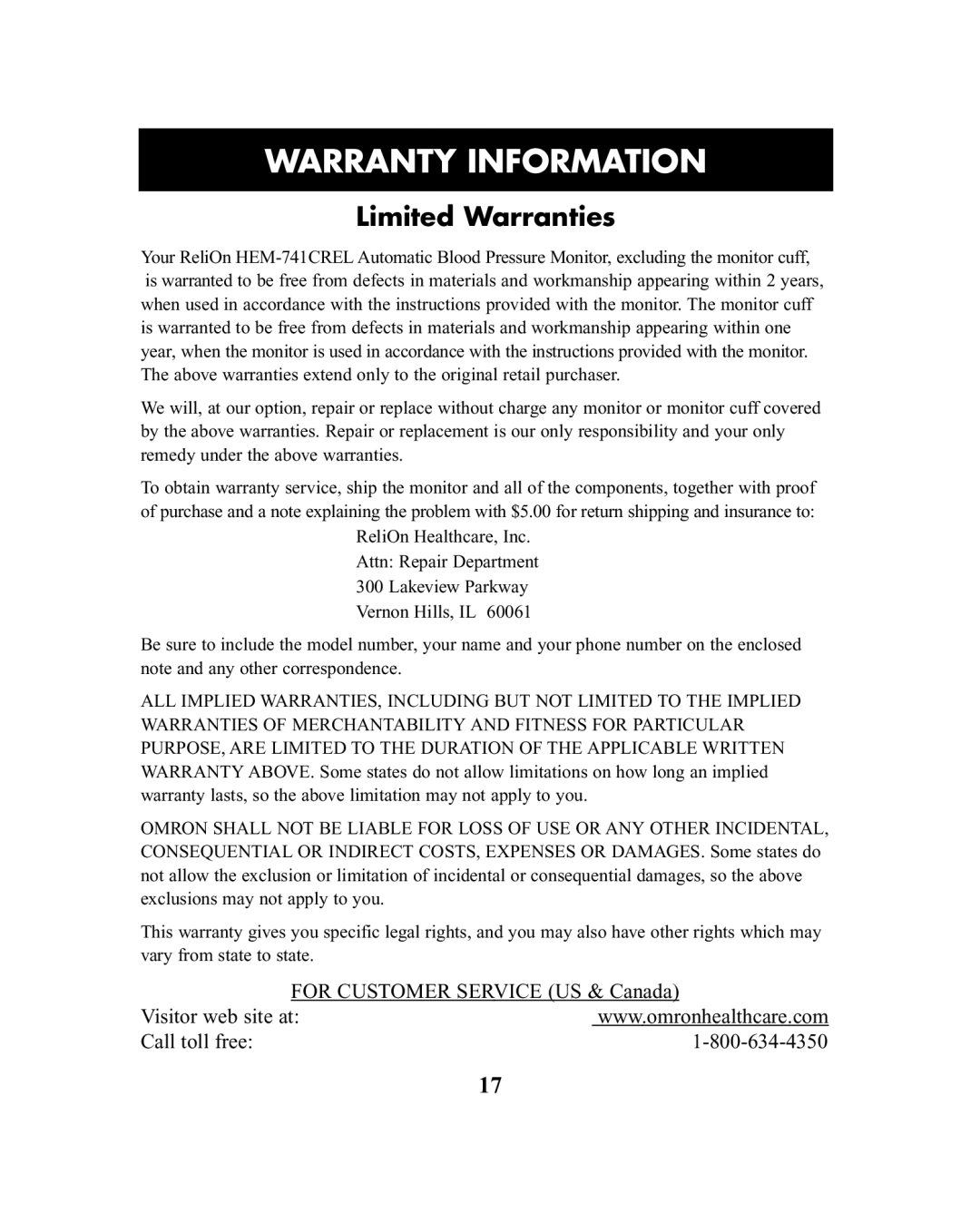 ReliOn HEM-741CREL manual Warranty Information, Limited Warranties 