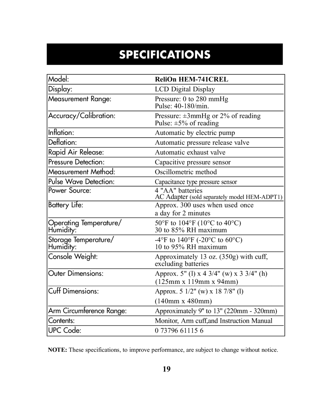 ReliOn manual Specifications, ReliOn HEM-741CREL 