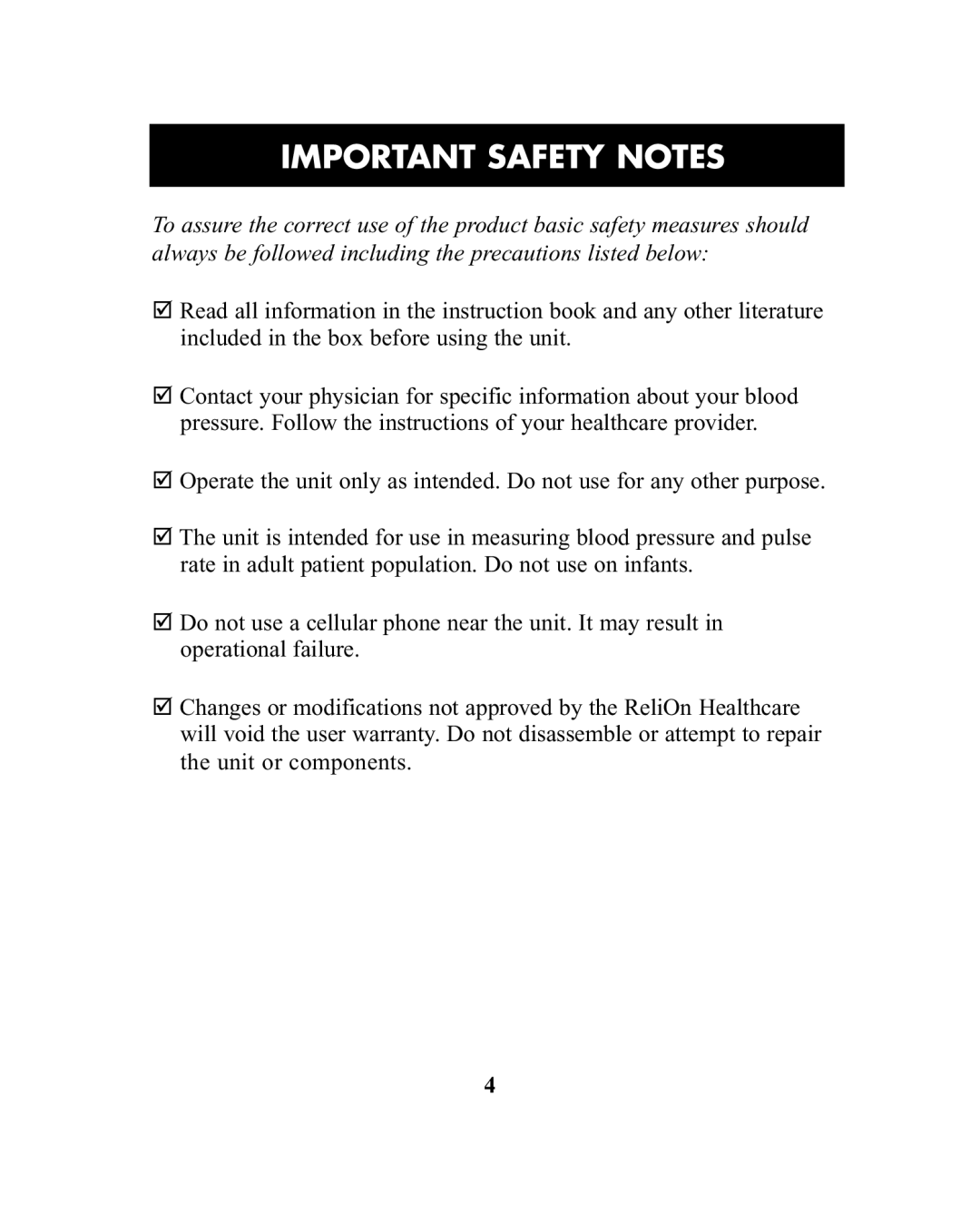 ReliOn HEM-741CREL manual Important Safety Notes 