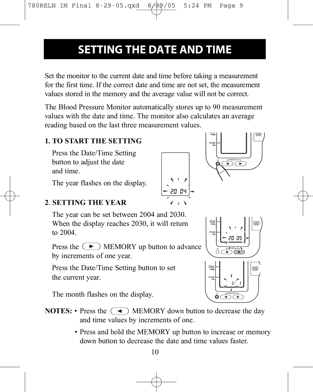 ReliOn HEM-780REL instruction manual Setting the Date and Time, To Start the Setting, Setting the Year 