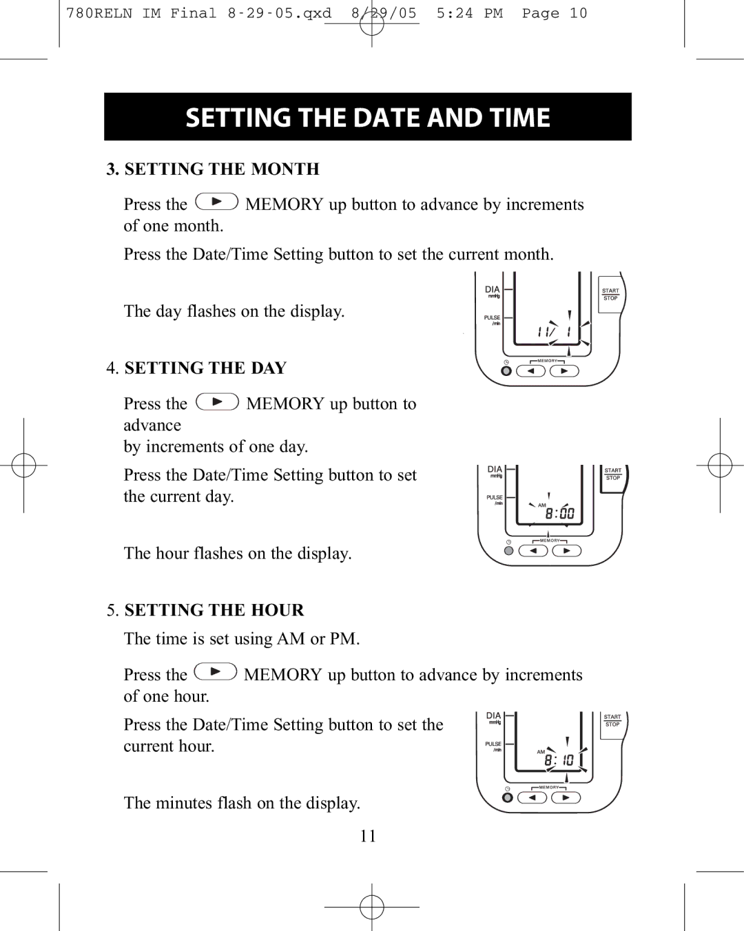 ReliOn HEM-780REL instruction manual Setting the Month, Setting the DAY, Setting the Hour 