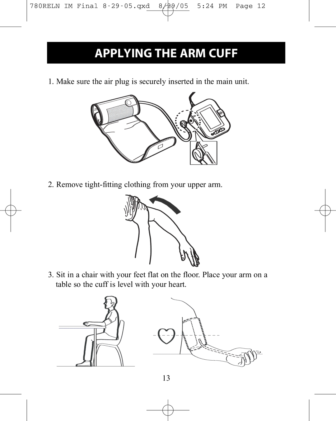 ReliOn HEM-780REL instruction manual Applying the ARM Cuff 