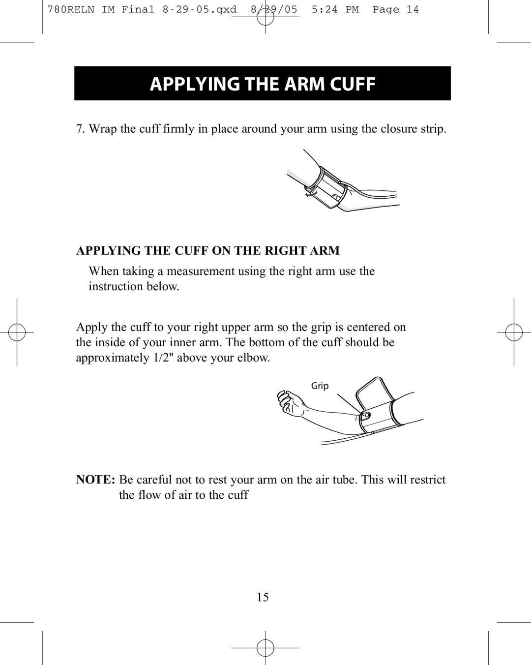 ReliOn HEM-780REL instruction manual Applying the Cuff on the Right ARM 