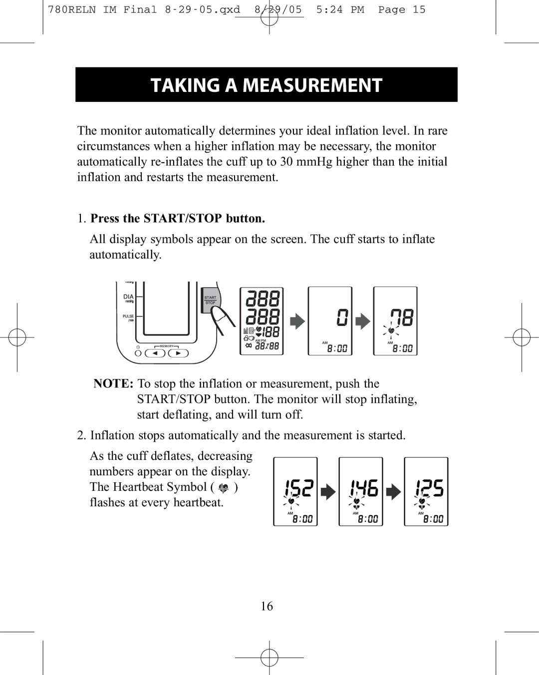 ReliOn HEM-780REL instruction manual Taking a Measurement, Press the START/STOP button 