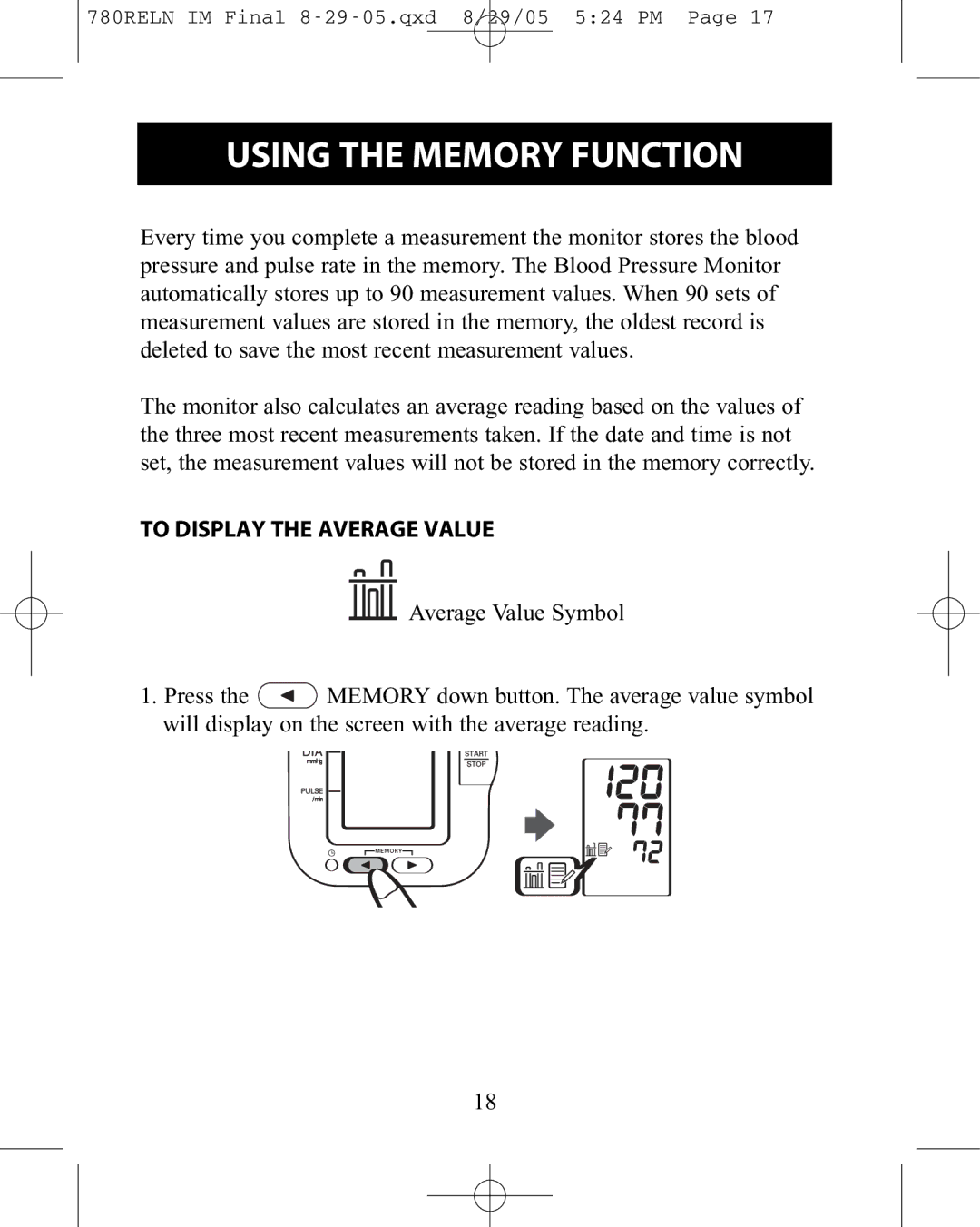 ReliOn HEM-780REL instruction manual Using the Memory Function, To Display the Average Value 